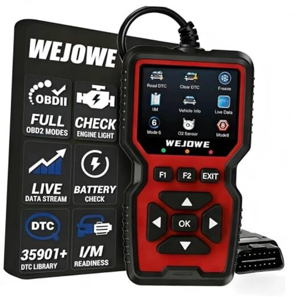 Red-and-black OBD2 diagnostic scanner with color screen, function buttons, and cable