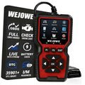 Red-and-black OBD2 diagnostic scanner with color screen, function buttons, and cable