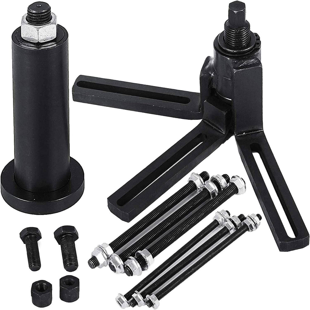 Crank case splitter puller tool set with clamp stand, long threaded rods, and nuts
