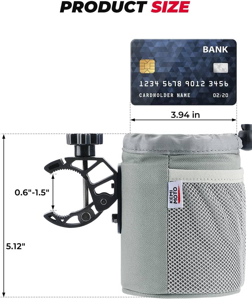 Gray motorcycle cup holder with black clamp mount, shown with product size