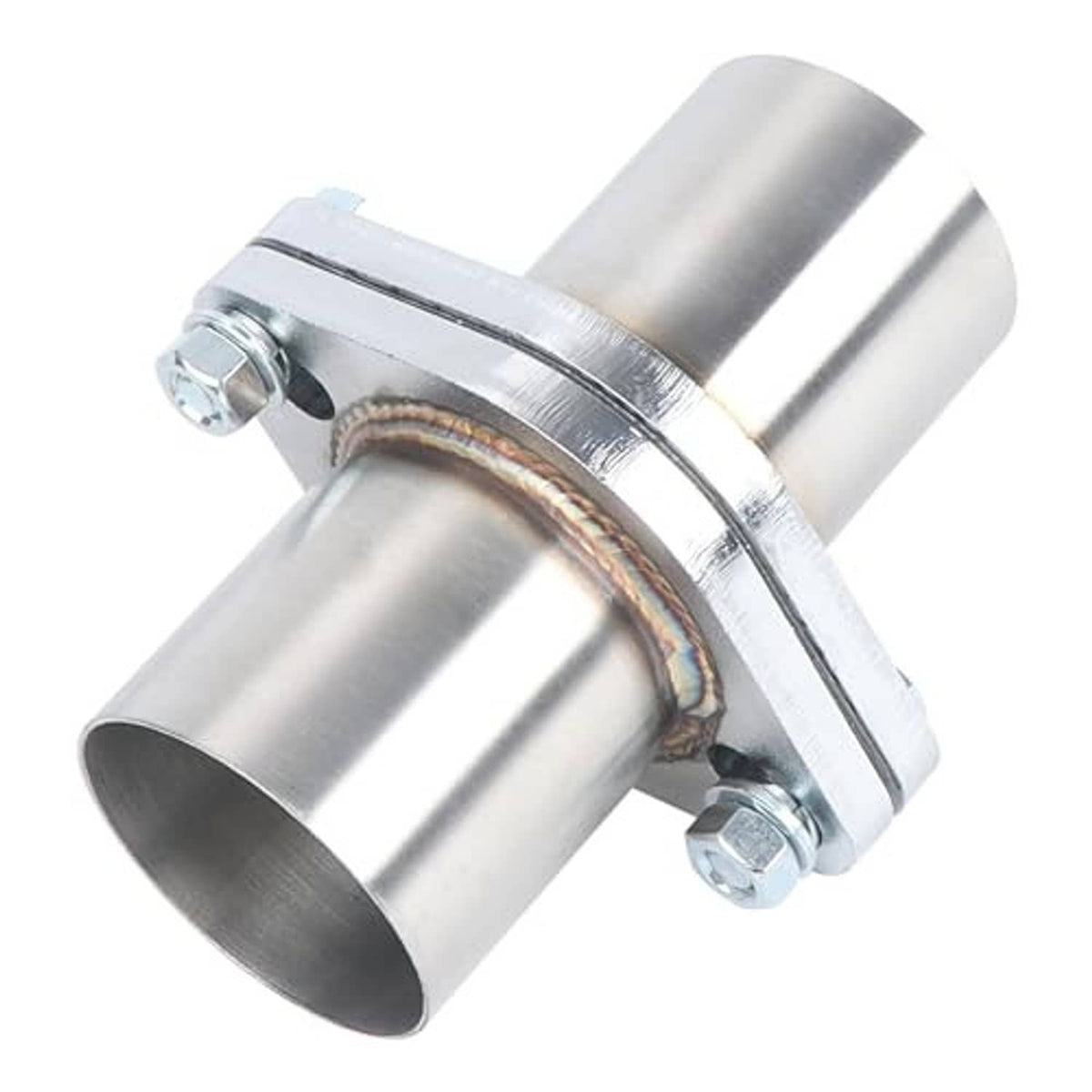 Stainless steel exhaust flange repair clamp kit with gasket ring and bolt hardware.