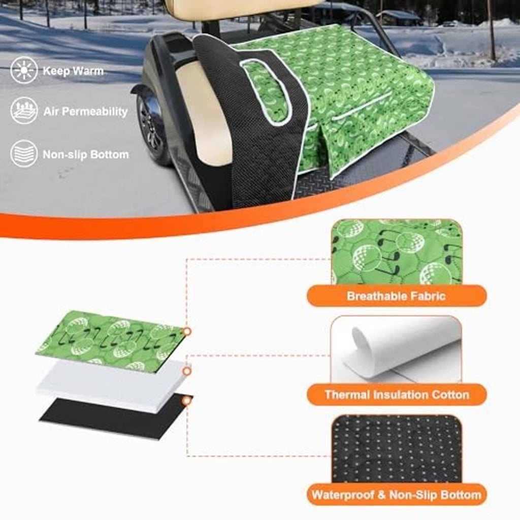 Green golf cart seat cover with white trim and golf ball pattern on seat, non-slip underside