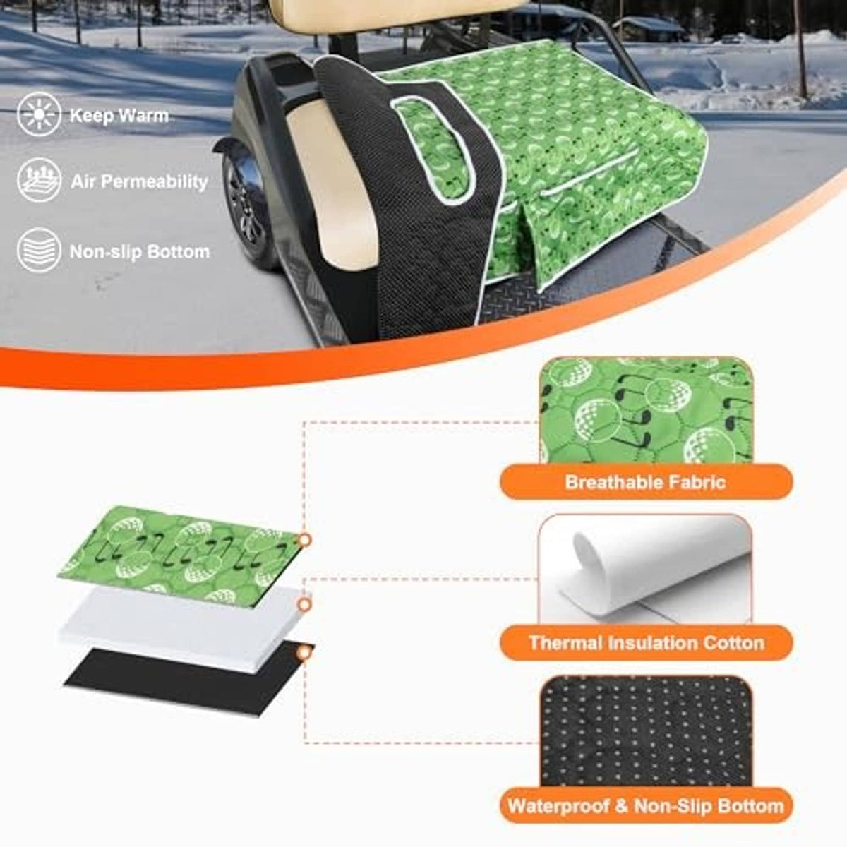 Green golf cart seat cover with white trim and golf ball pattern on seat, non-slip underside