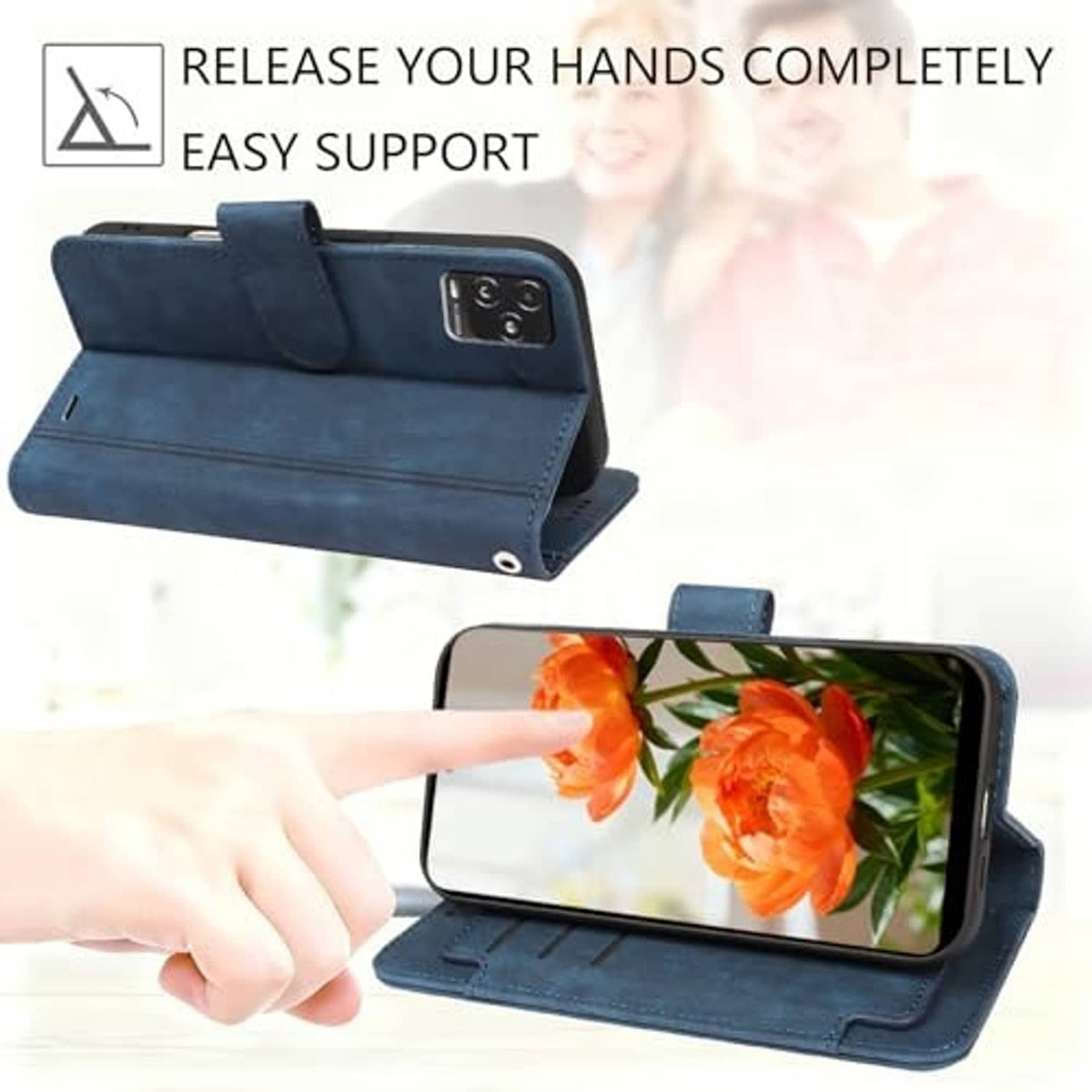 Blue flip phone wallet case with kickstand holding a phone displaying orange flowers
