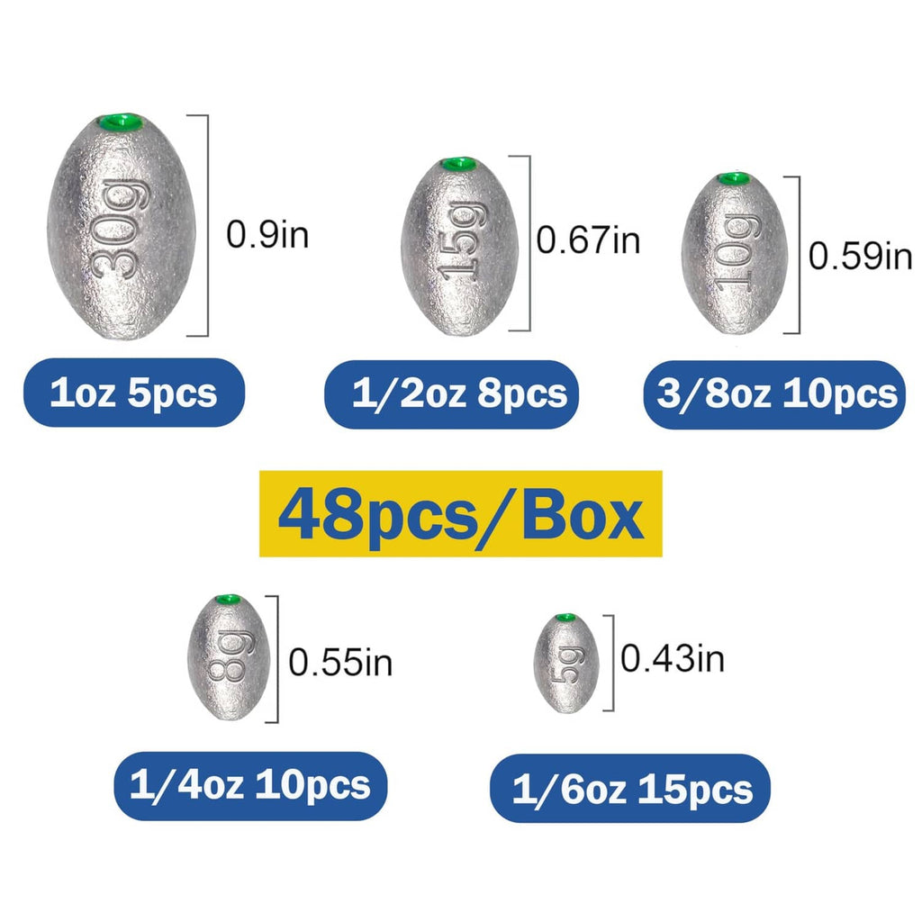 Assorted egg fishing sinker weights in gray silver oval shapes with green line loops