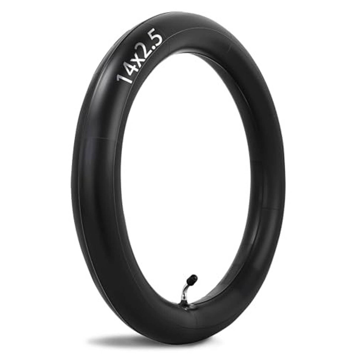 Black 14x2.50 inner tube with Schrader valve, upright view