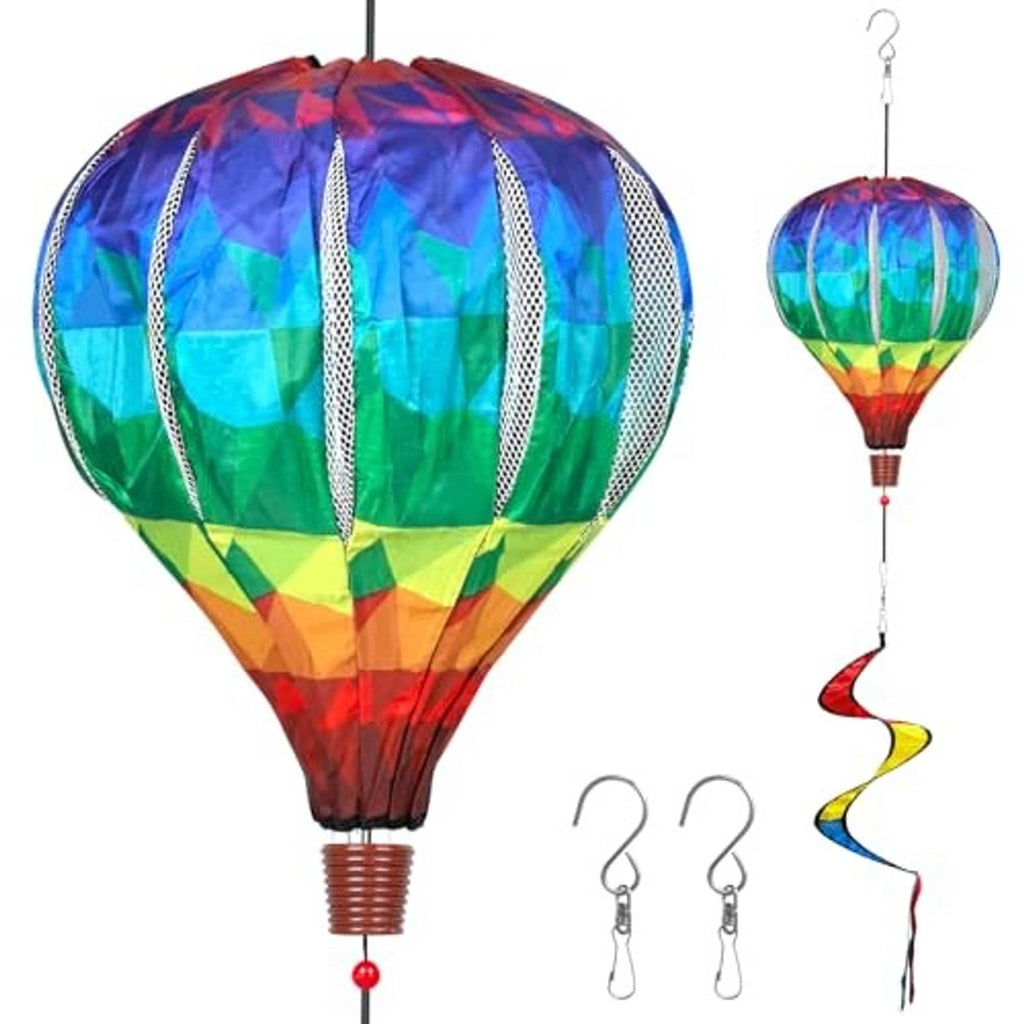 Rainbow hot air balloon wind spinner with multicolor mesh canopy and hanging spirals