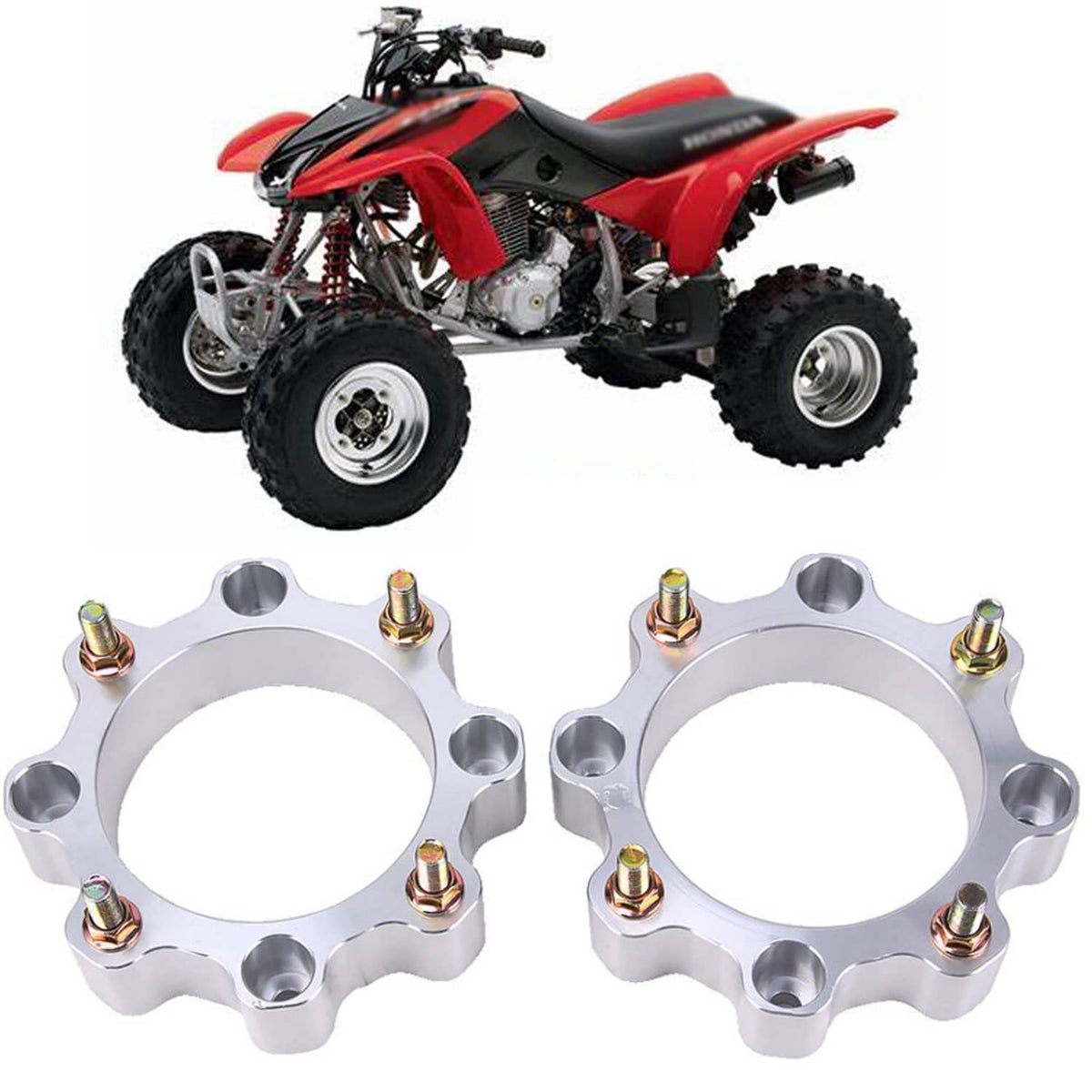 Front wheel spacers, silver aluminum rings with multiple gold-threaded mounting bolts