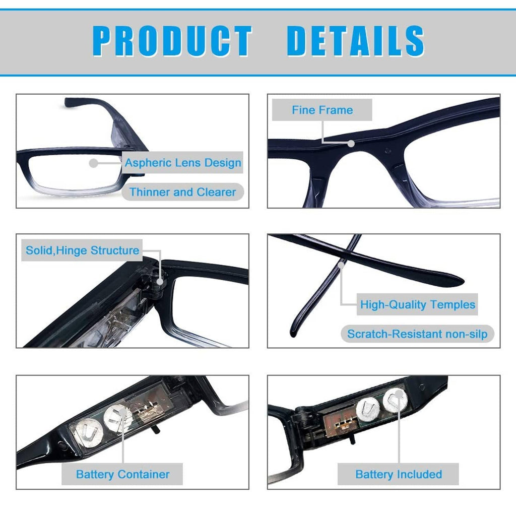 Black reading glasses close-ups: clear lenses, sturdy hinge, and built-in battery compartment