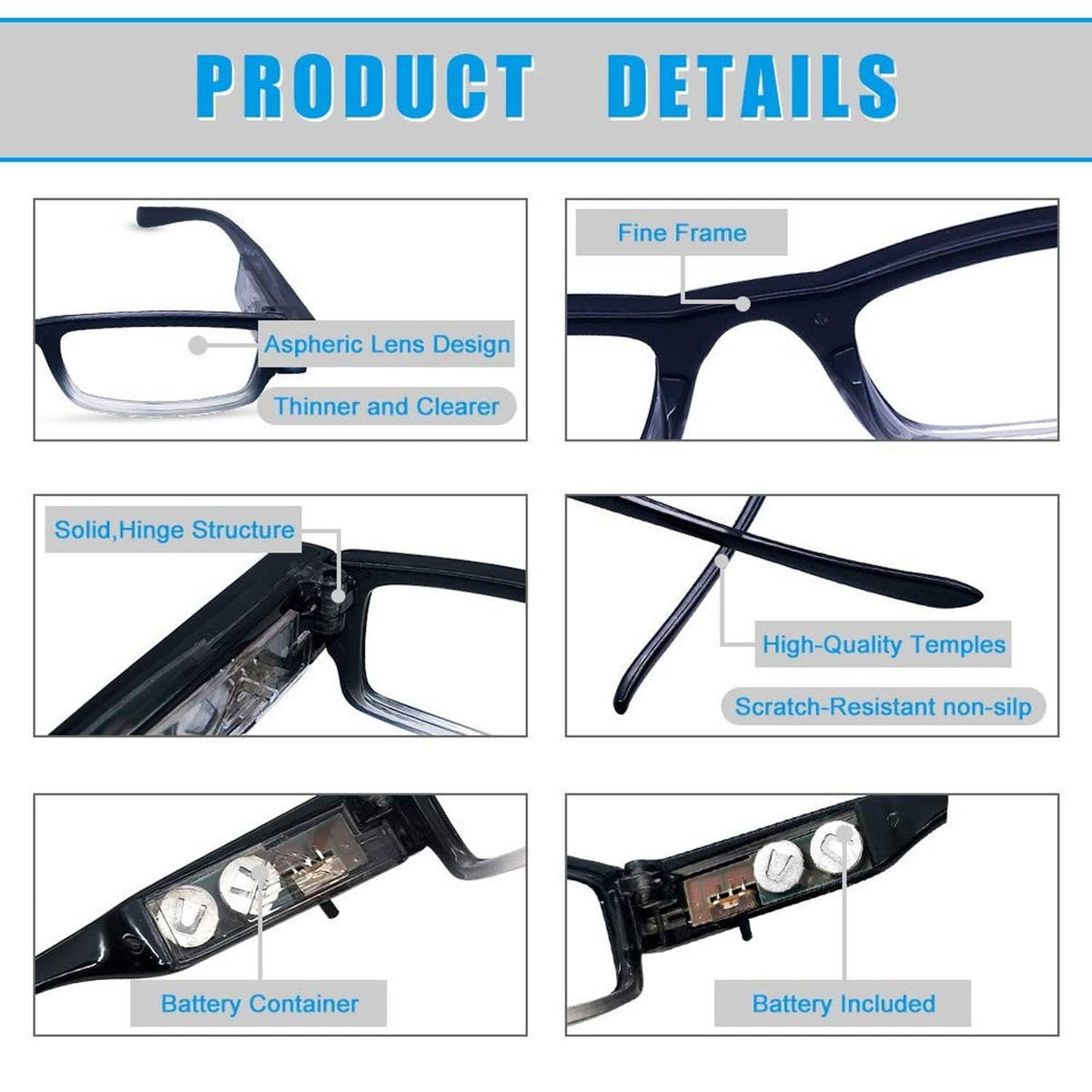 Black reading glasses close-ups: clear lenses, sturdy hinge, and built-in battery compartment
