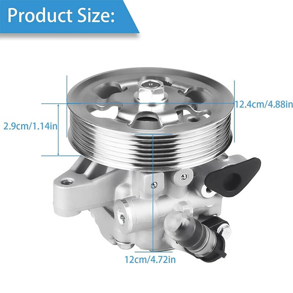 Power steering pump with pulley, ribbed pulley and black pressure line with silver bracket.