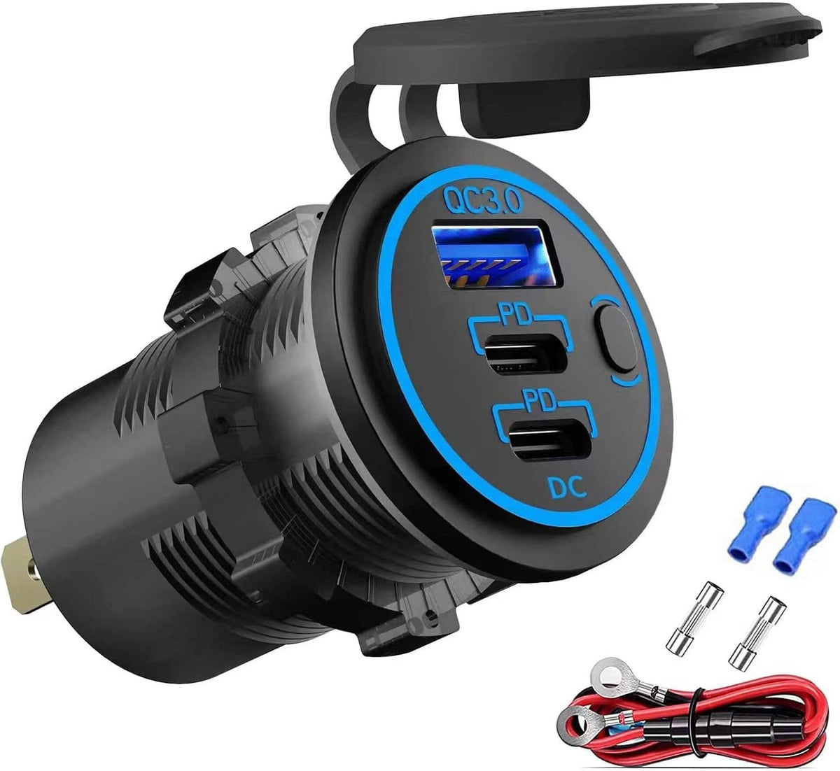 12V multi-port USB car charger with dual USB-C and PD/QC ports, black