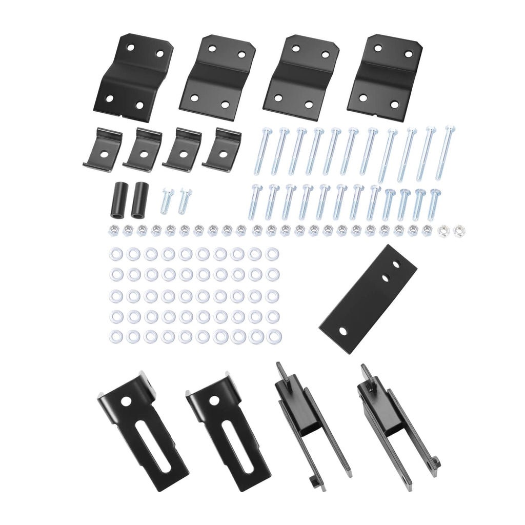 Black steel lift bracket kit pieces with bolts, washers, and pins for golf cart