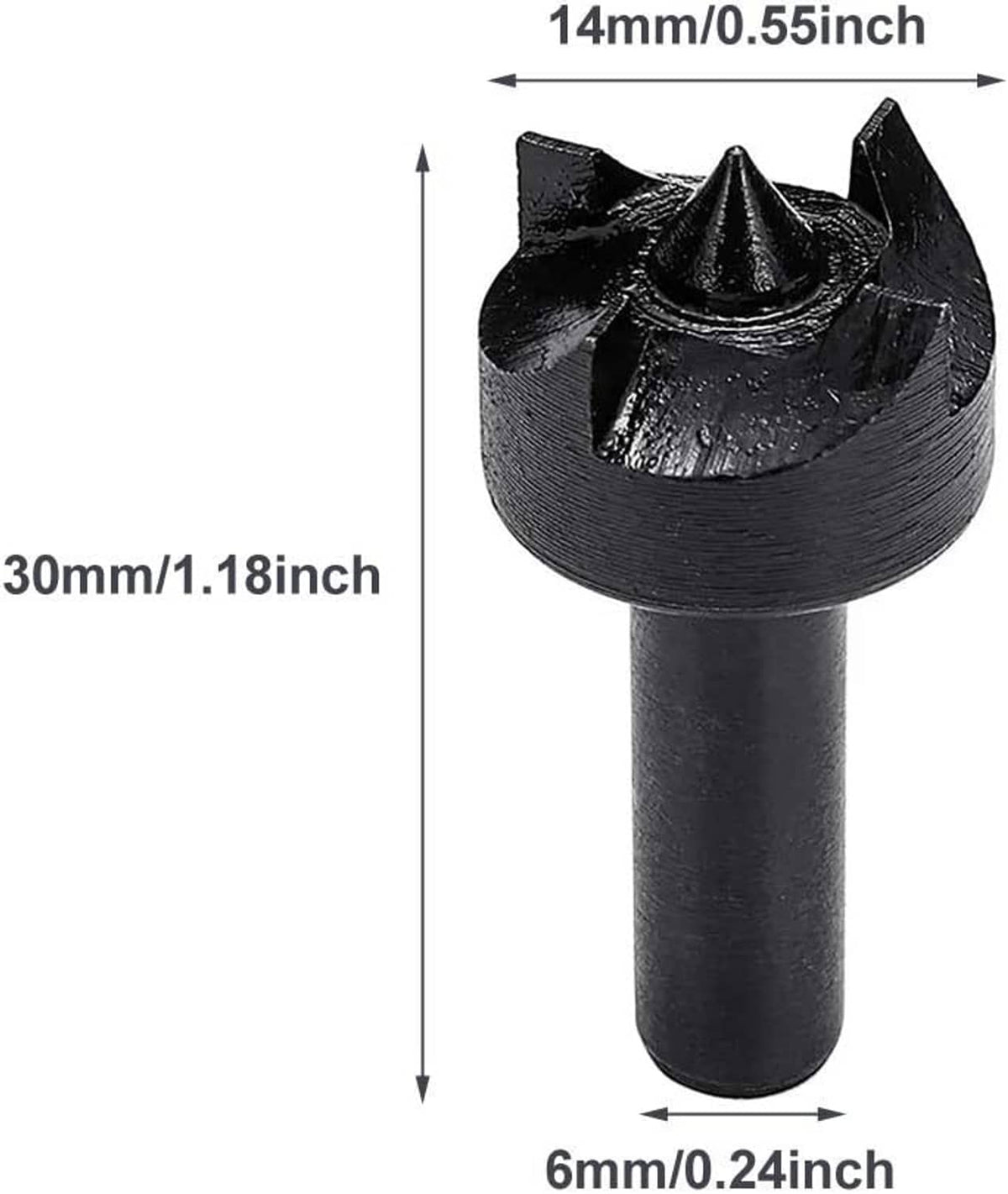 Thimble center live tool with spur cup and measurements on a black shank