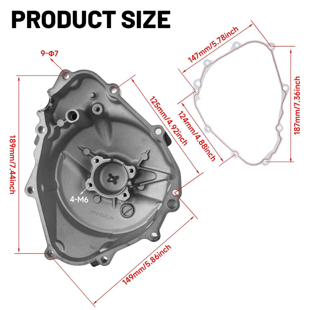 Engine crankcase stator cover size diagram with gasket outline and dimensions