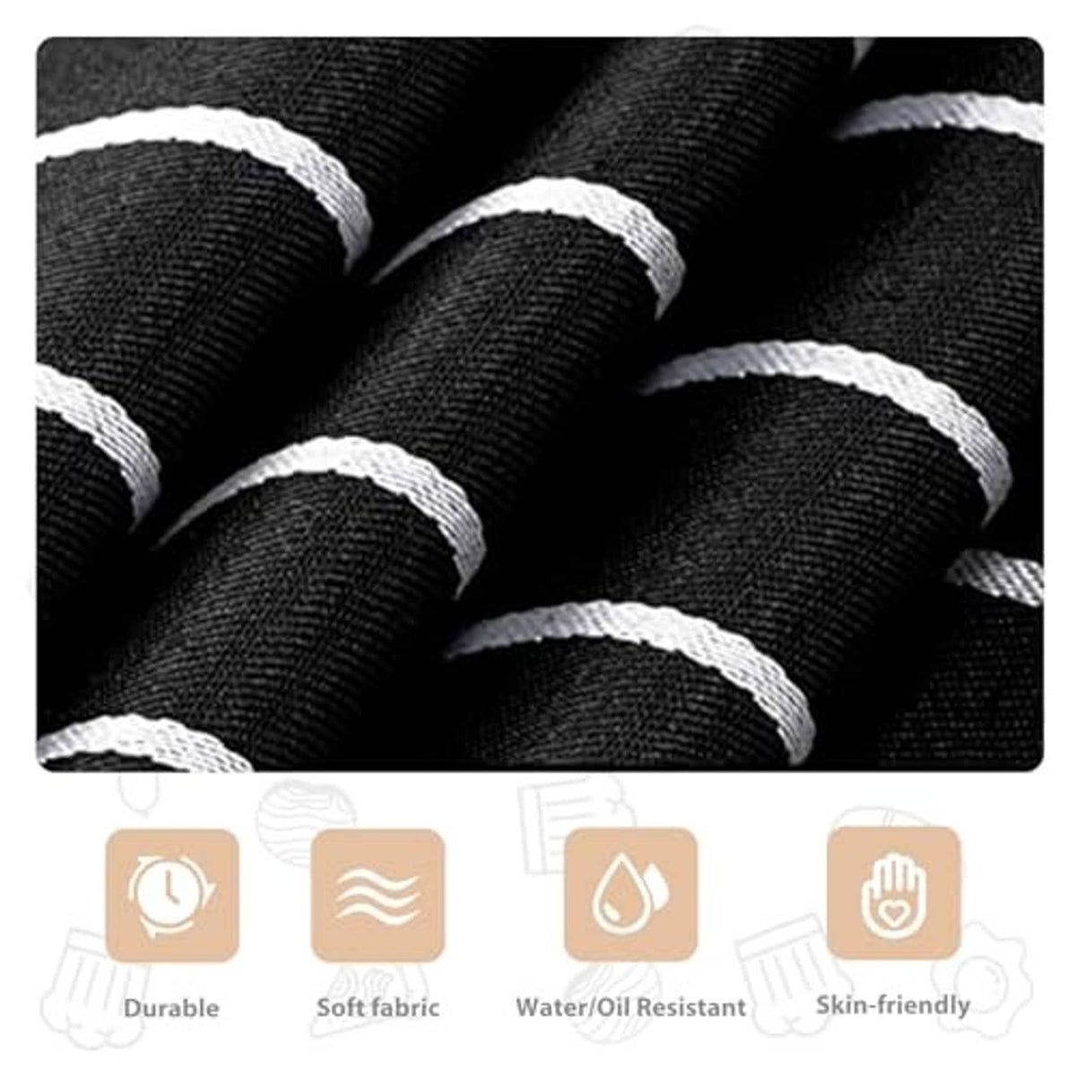 Black striped apron fabric close-up with white vertical stripe pattern