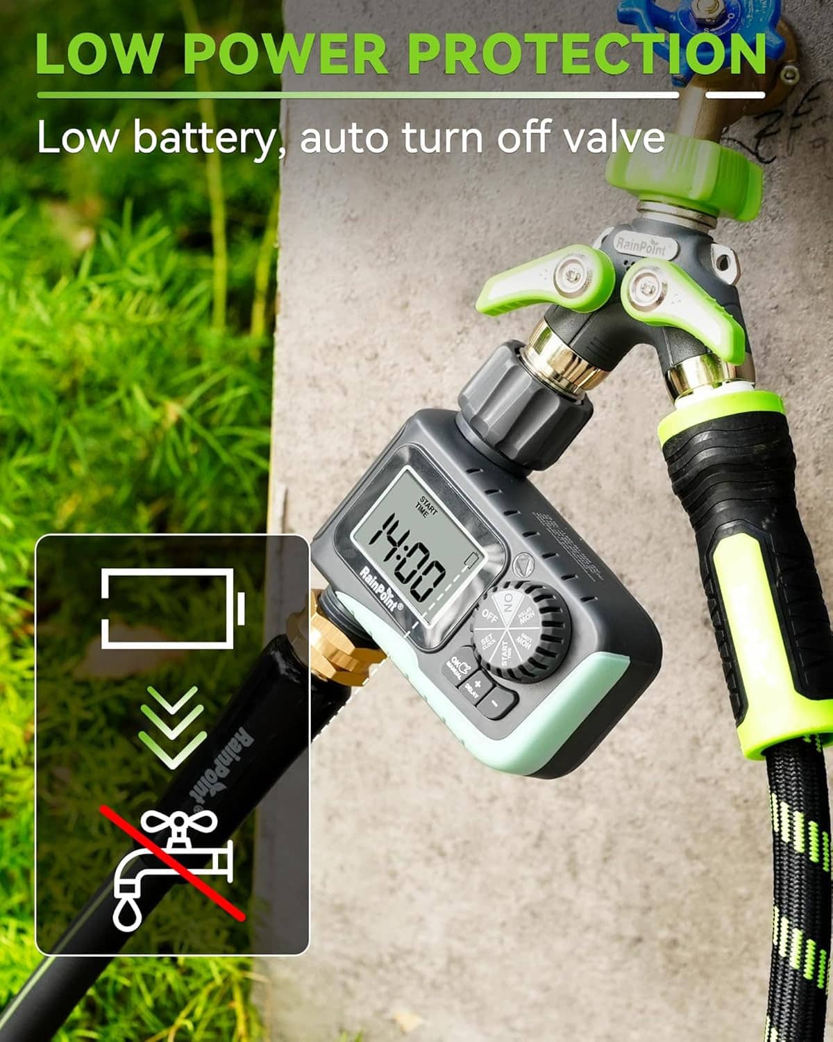Programmable watering timer with LCD, dial controls, and connected green hose