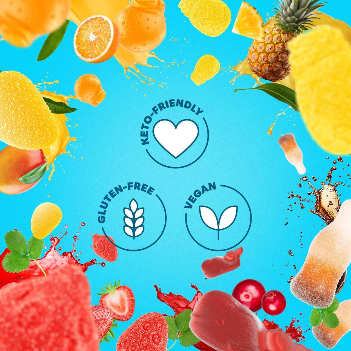 Low-sugar candy label icons for keto friendly, gluten-free, and vegan