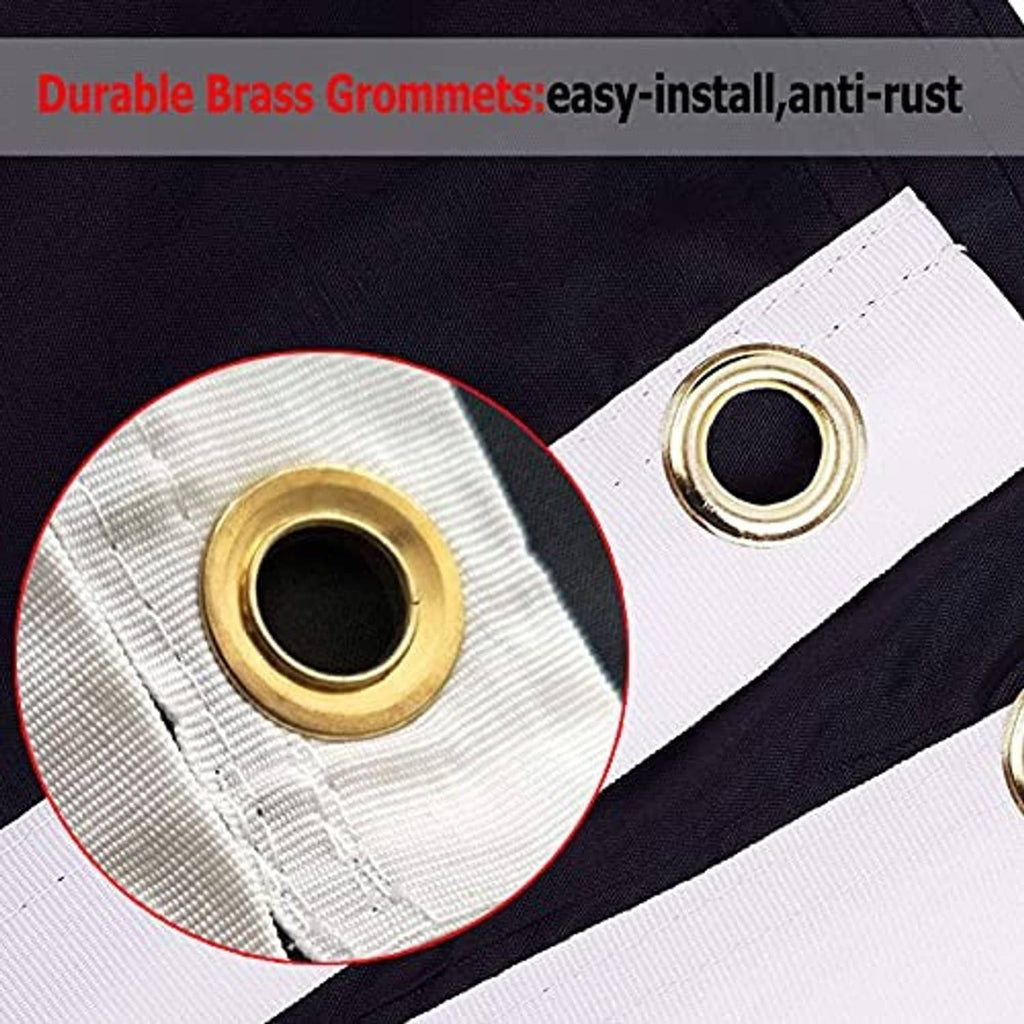 Black POW*MIA flag with brass grommets, reinforced corner close-up