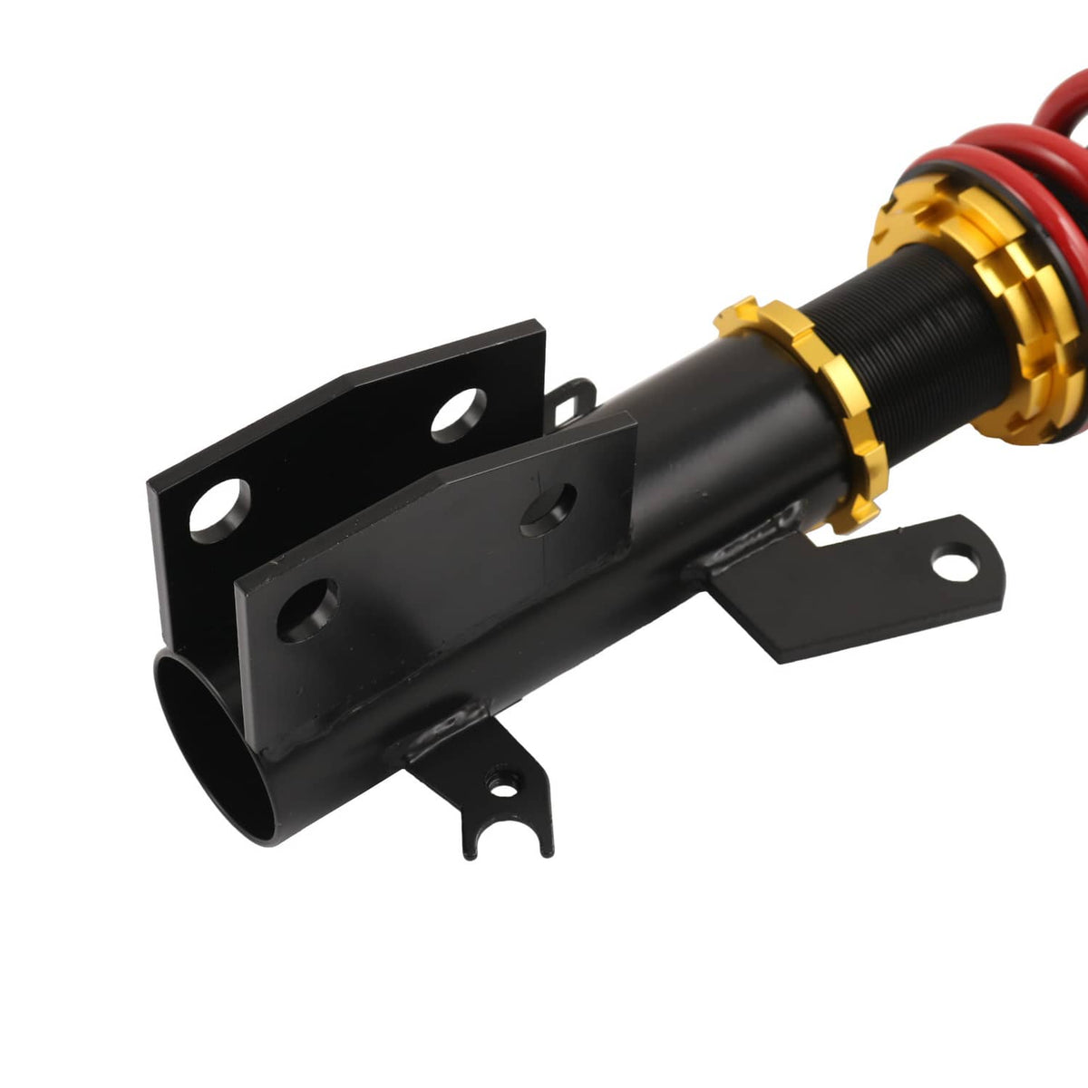 Coilover height adjustment strut with black body and gold mounting bracket