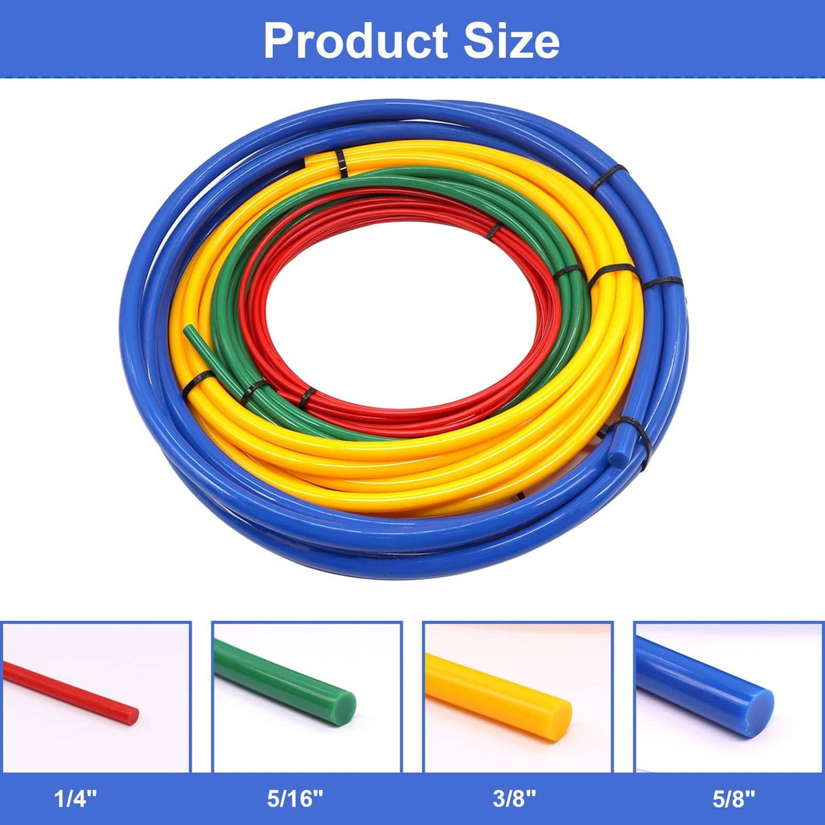 Coiled blue PE pipe extension tubing set with color-coded end size tubes