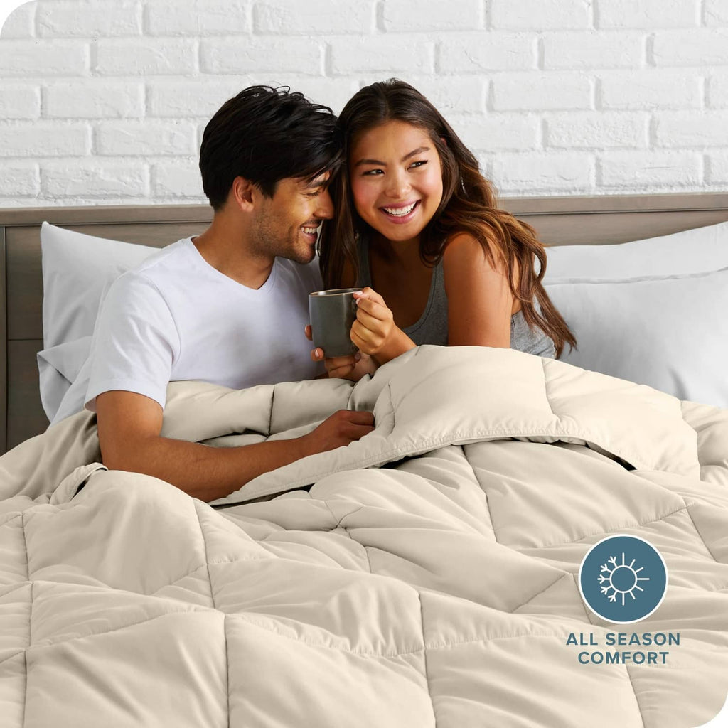 Cream comforter set with pillow shams, quilted baffles for all-season coverage, full size