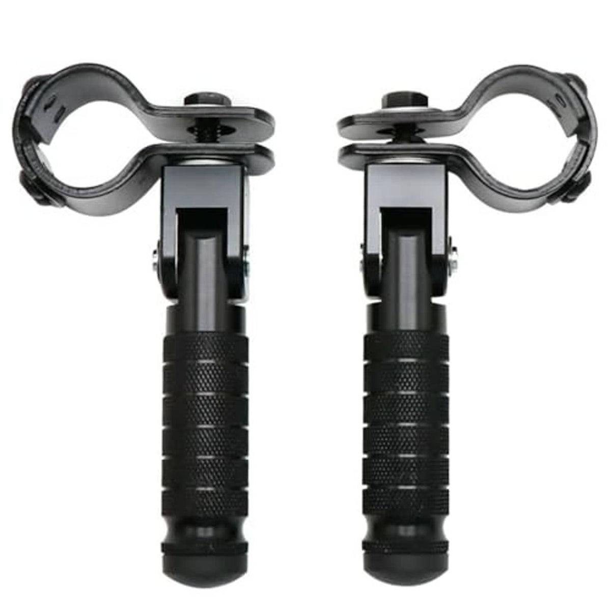 Pair of foldable foot pegs with black textured grips and gray clamp brackets
