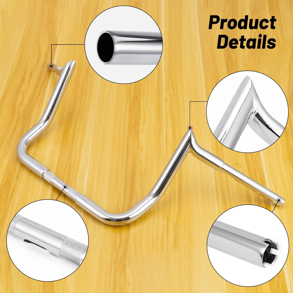 Chrome 12-inch ape handlebar details with close-ups of ends and mounting points
