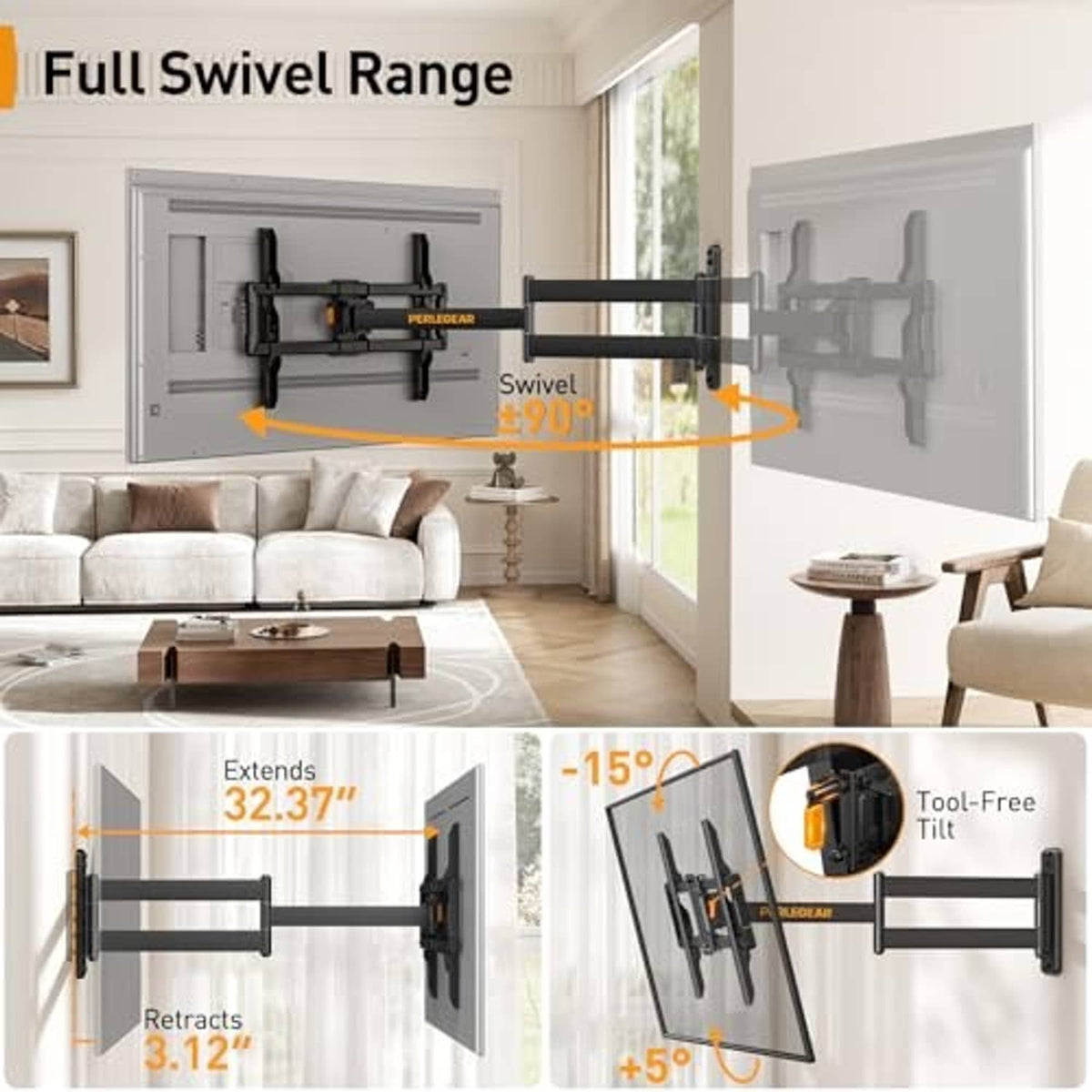 Corner TV mount showing full swivel range, extension, and retractable arm design