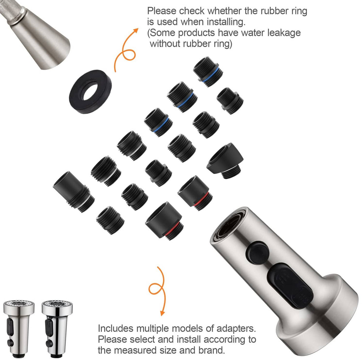 Brushed nickel faucet head with multiple black adapter rings and sealing gasket