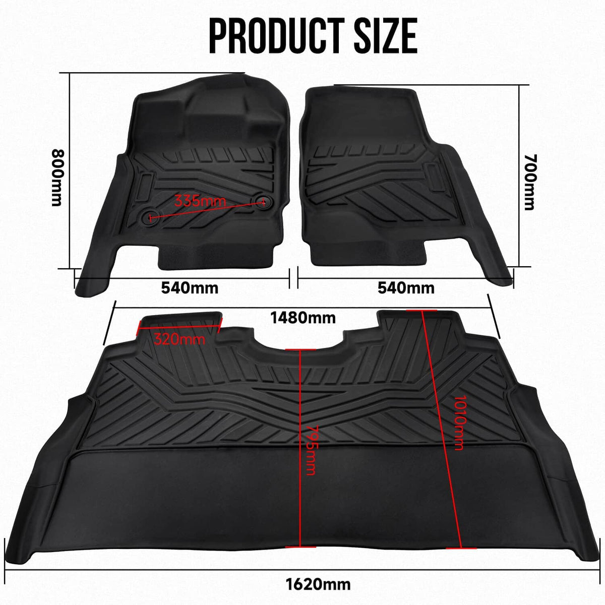 Black TPE floor mat set layout showing front and rear sizing outline