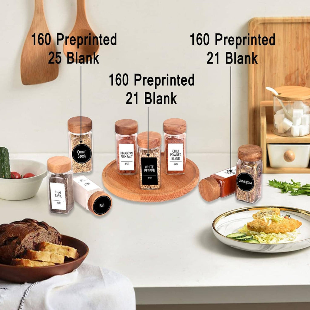 Acacia rotating spice rack with square glass jars and wood lids