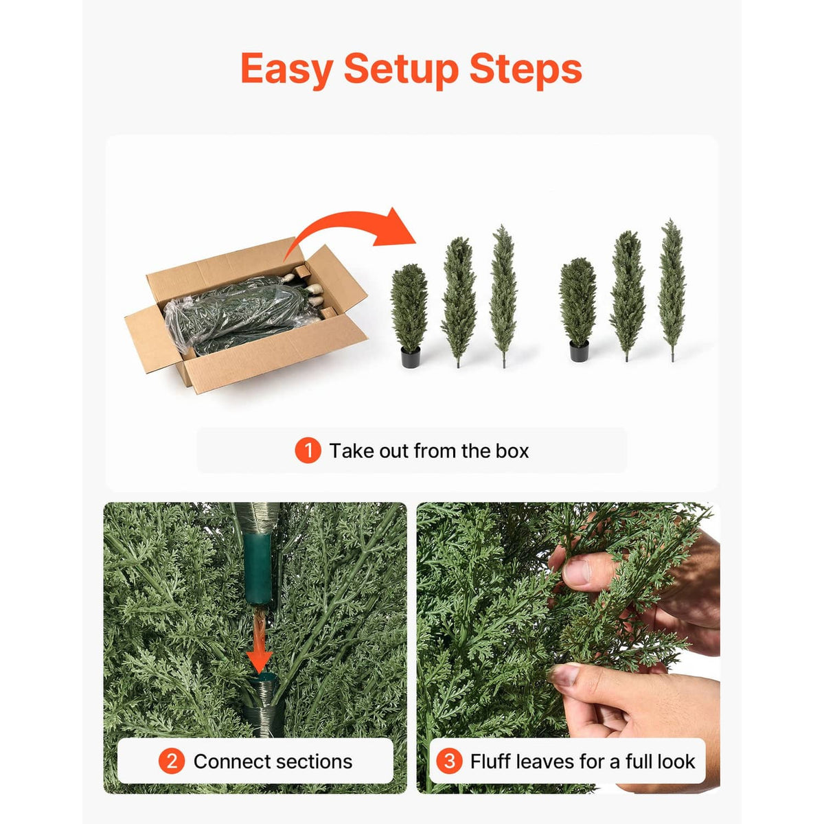 Artificial cedar topiary tree sections and assembled full tree with dark pot
