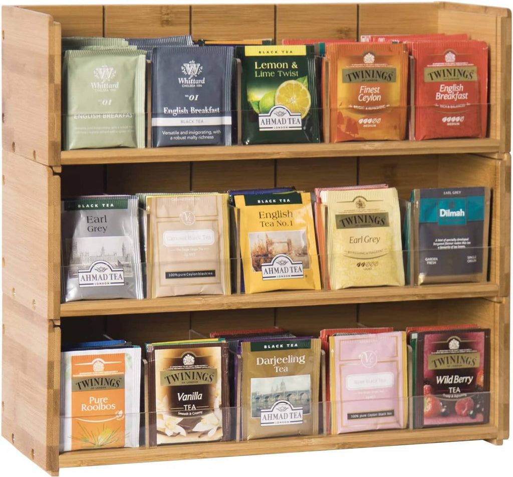 Bamboo tea bag organizer box, 3-stack tier layout filled with mixed tea packets