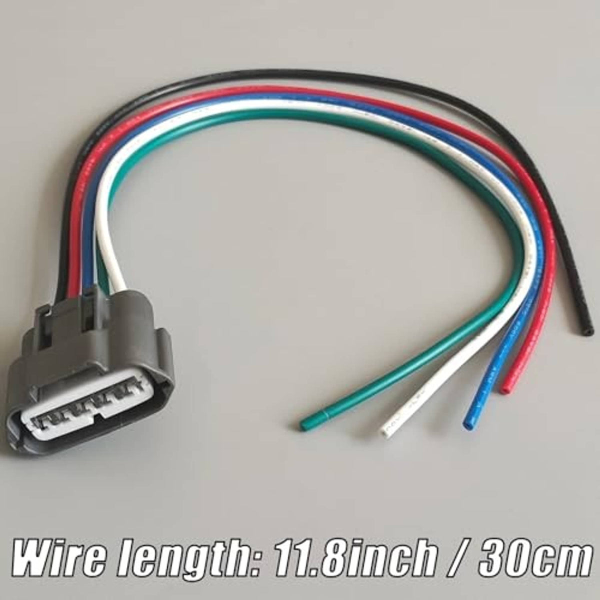 Fuel pump harness pigtail with gray connector and multicolored wire bundle