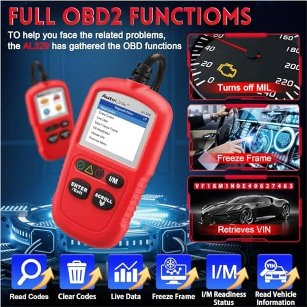 Red handheld OBDII scanner with LCD screen listing OBD functions and options