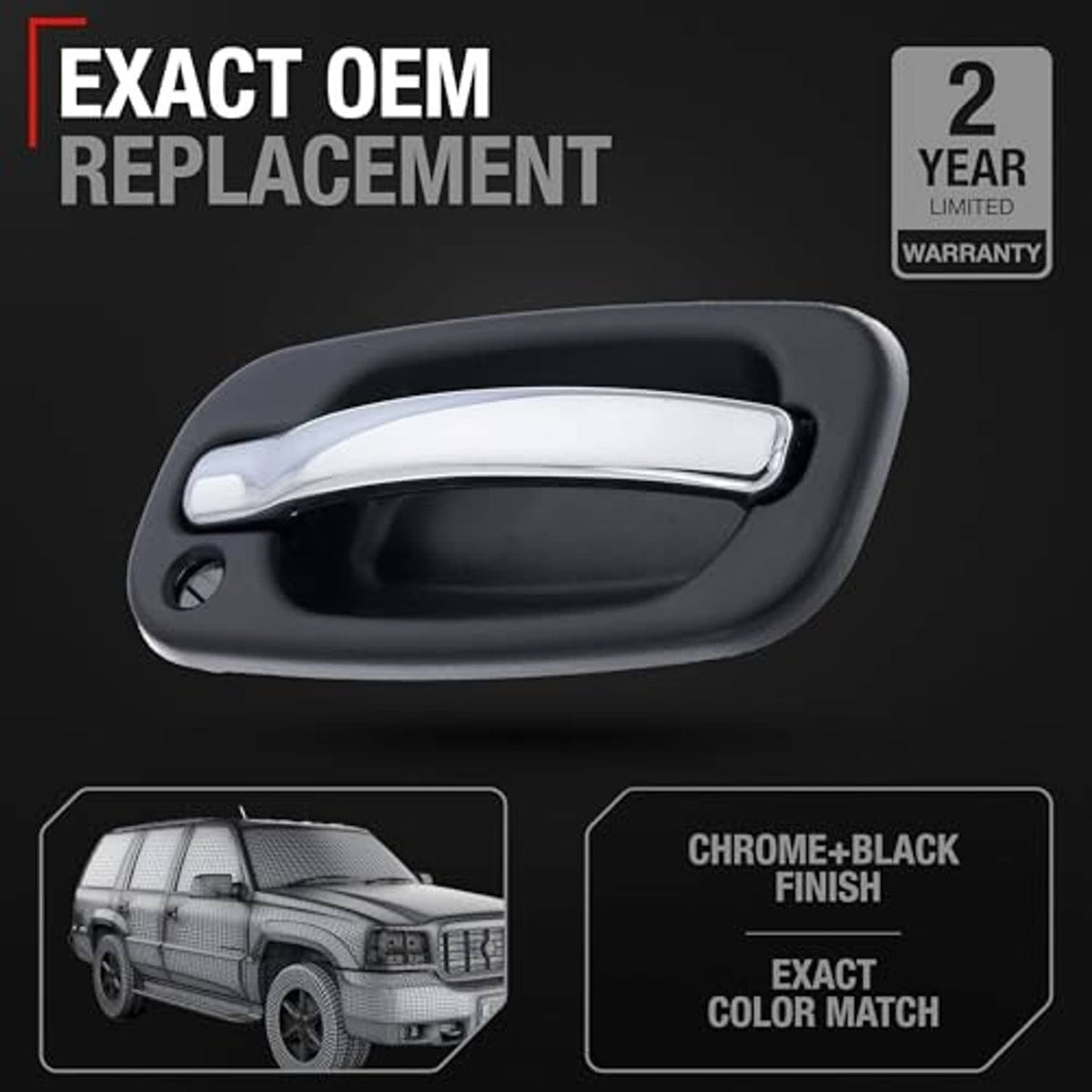 Exterior door handle, chrome lever with black bezel, 2-year limited warranty