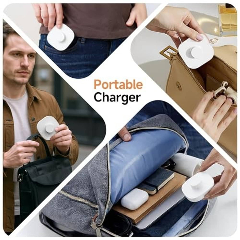 Compact white ring charging dock with metal contact ring and USB-C cable