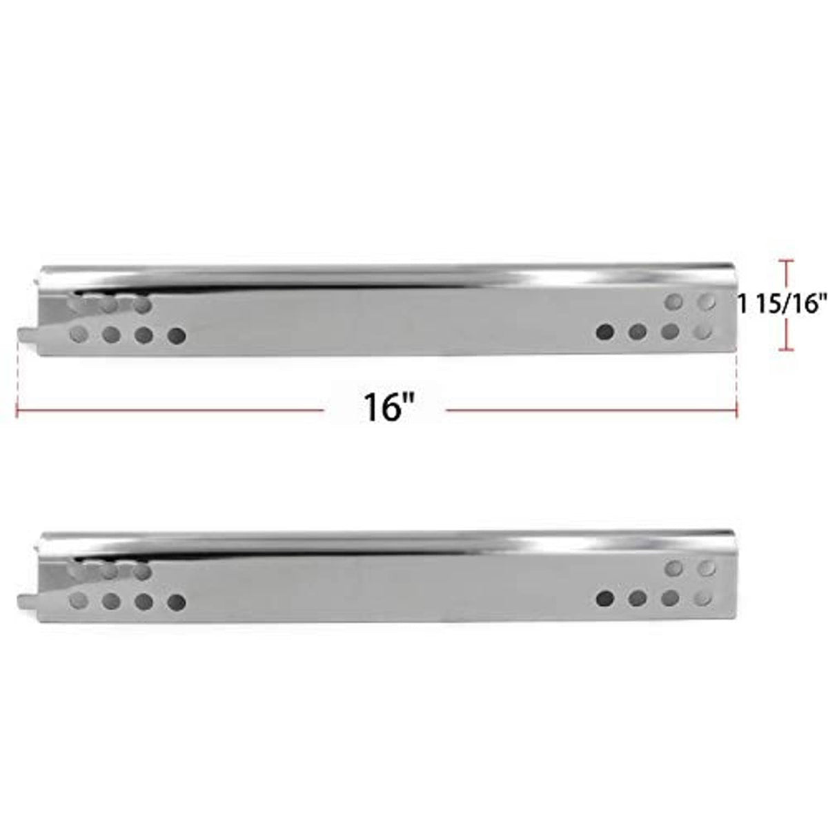 Stainless steel gas grill burner plate, 16-inch length with mounting holes on the face