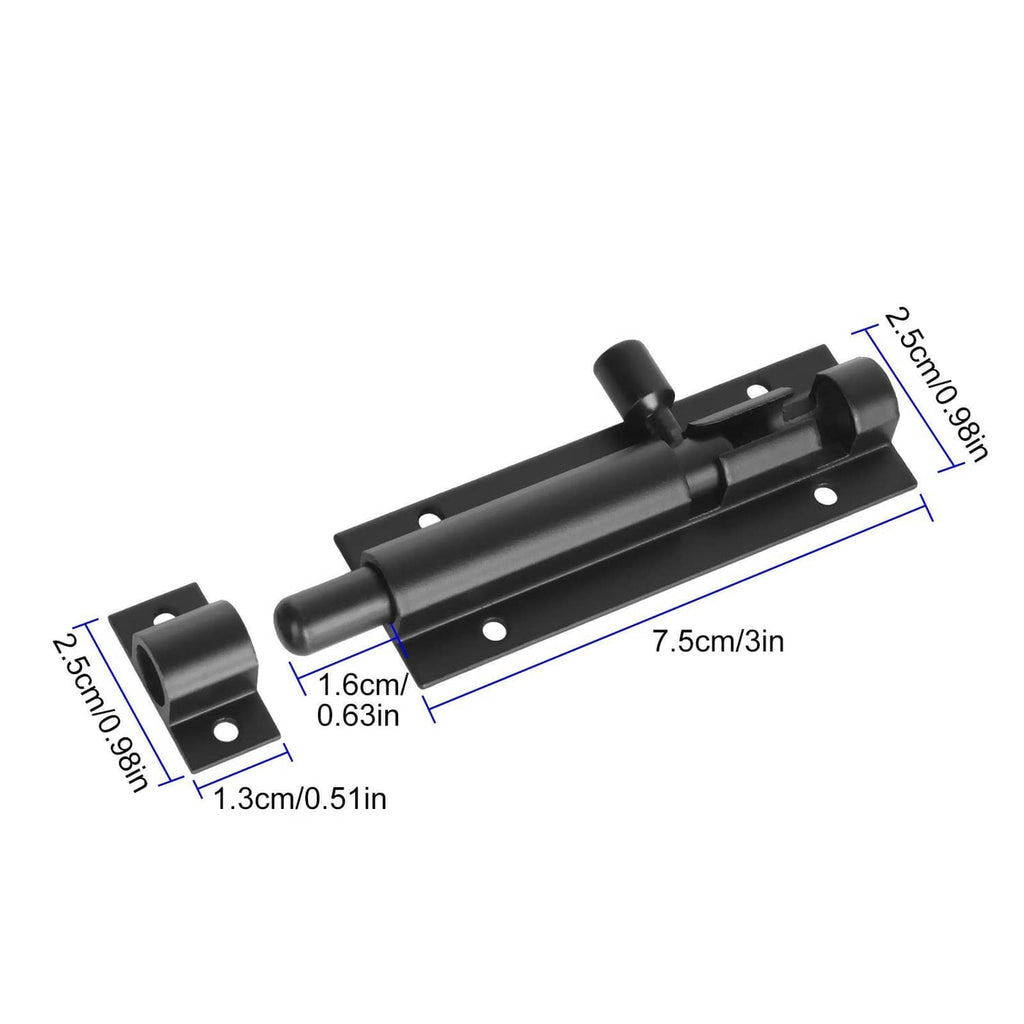 Black 3 inch barrel slide bolt latch with mounting plates and hardware dimensions