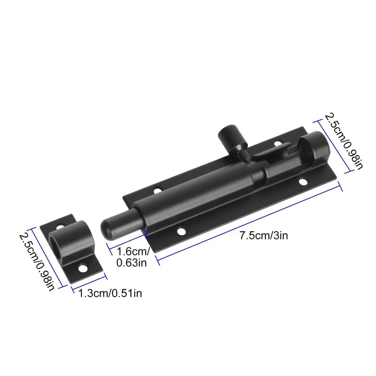Black 3 inch barrel slide bolt latch with mounting plates and hardware dimensions