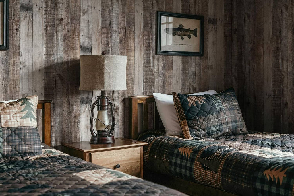 Gray shiplap wood-plank peel-and-stick wallpaper on bedroom accent wall