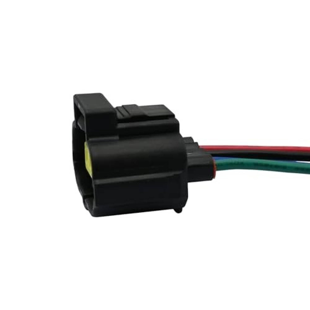 Throttle body actuator connector pigtail, side view of black connector with red and green wires