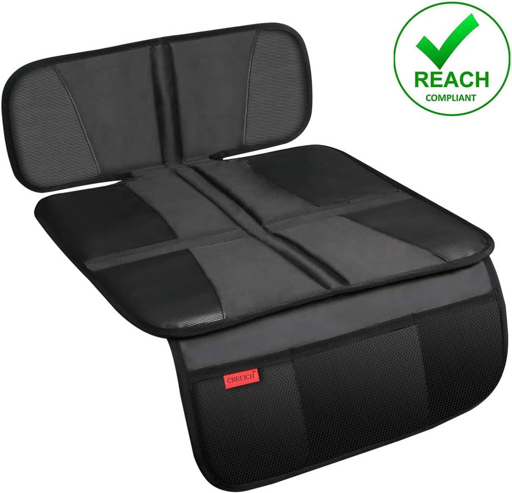 Black seat protection mat with headrest cover and segmented padded insert