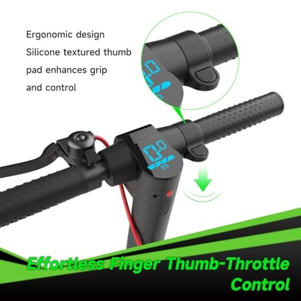 Black thumb throttle with textured silicone thumb pad on scooter handlebar