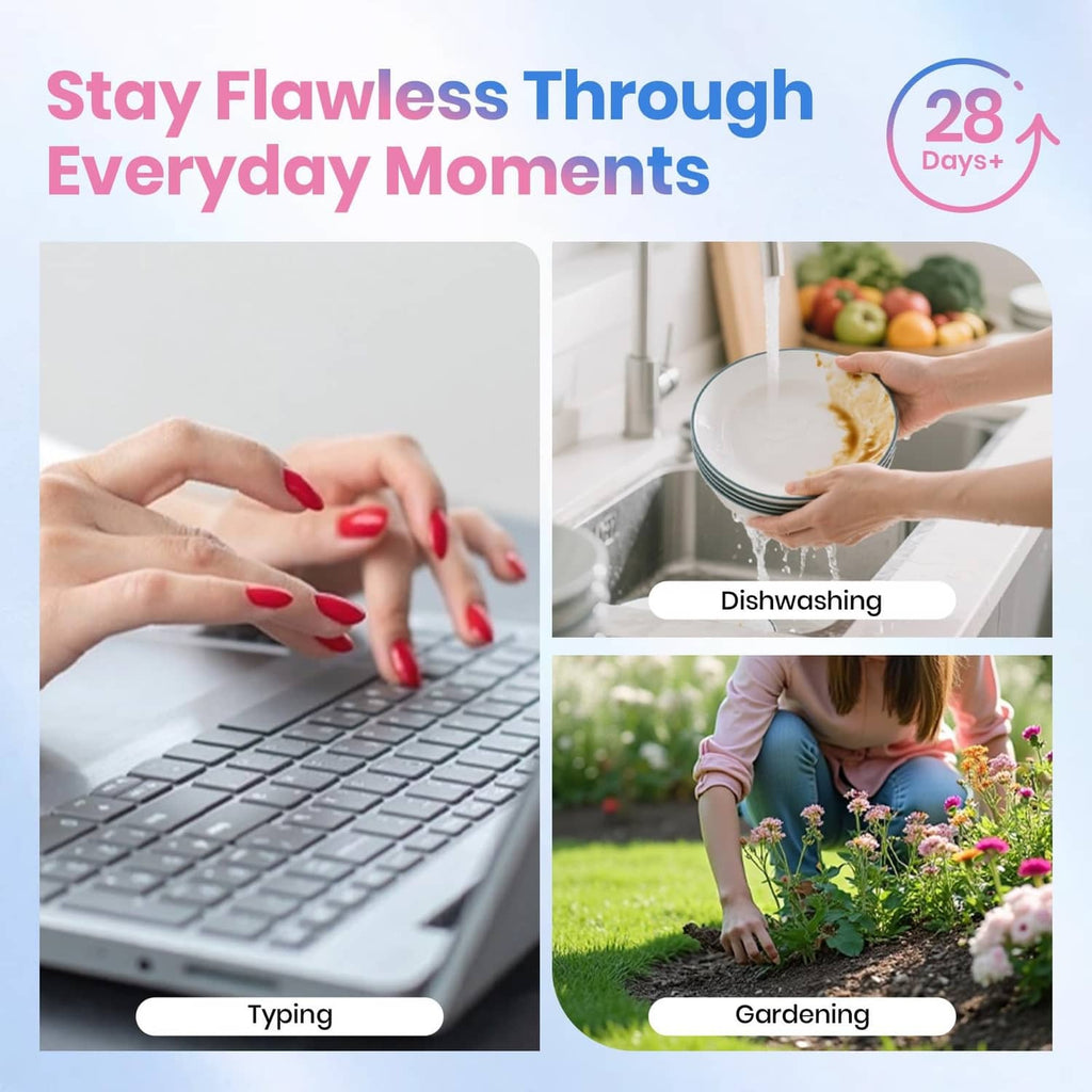 Nail care concept with glossy red nails and hands in daily activities