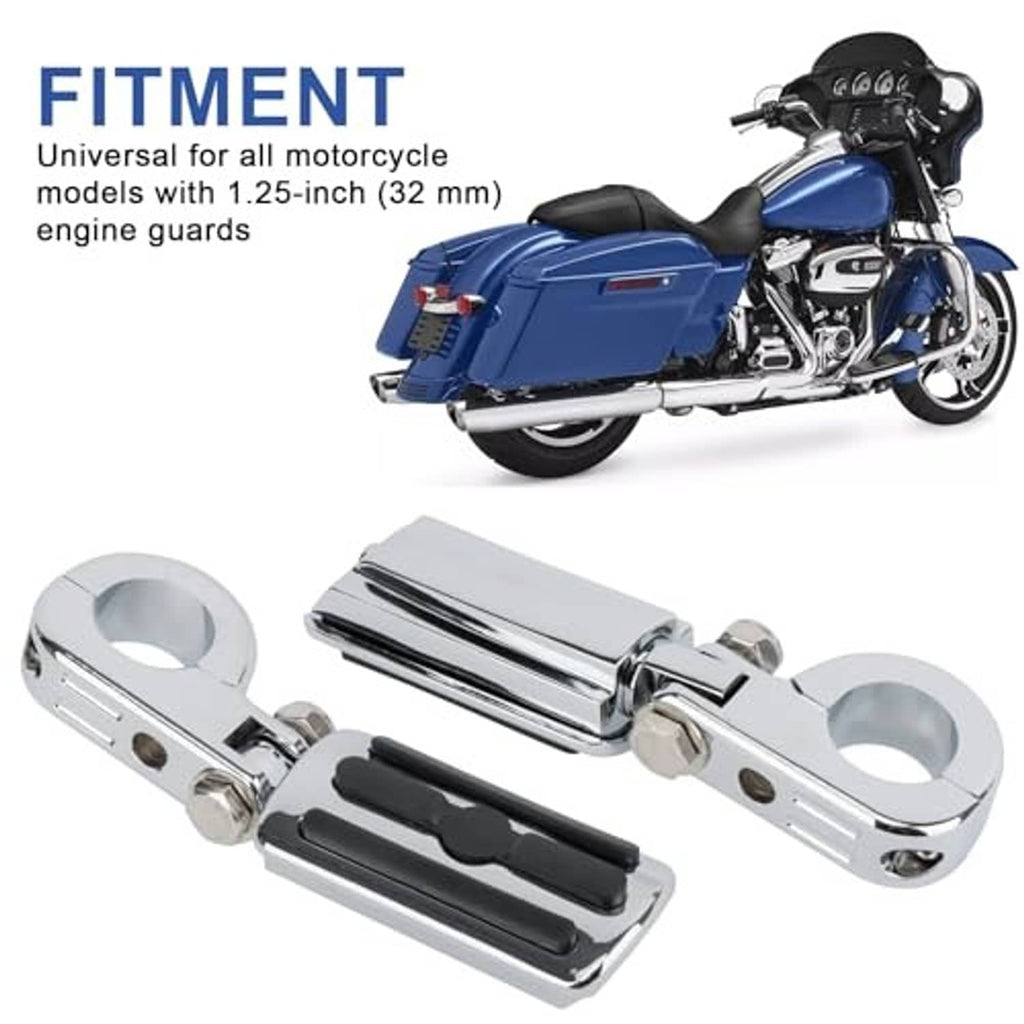 Chrome crash-bar style foot peg mounts with black anti-slip rubber pedal inserts