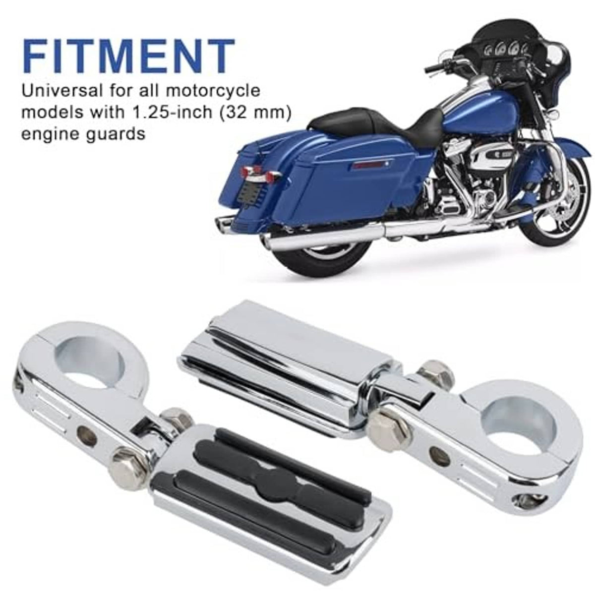 Chrome crash-bar style foot peg mounts with black anti-slip rubber pedal inserts