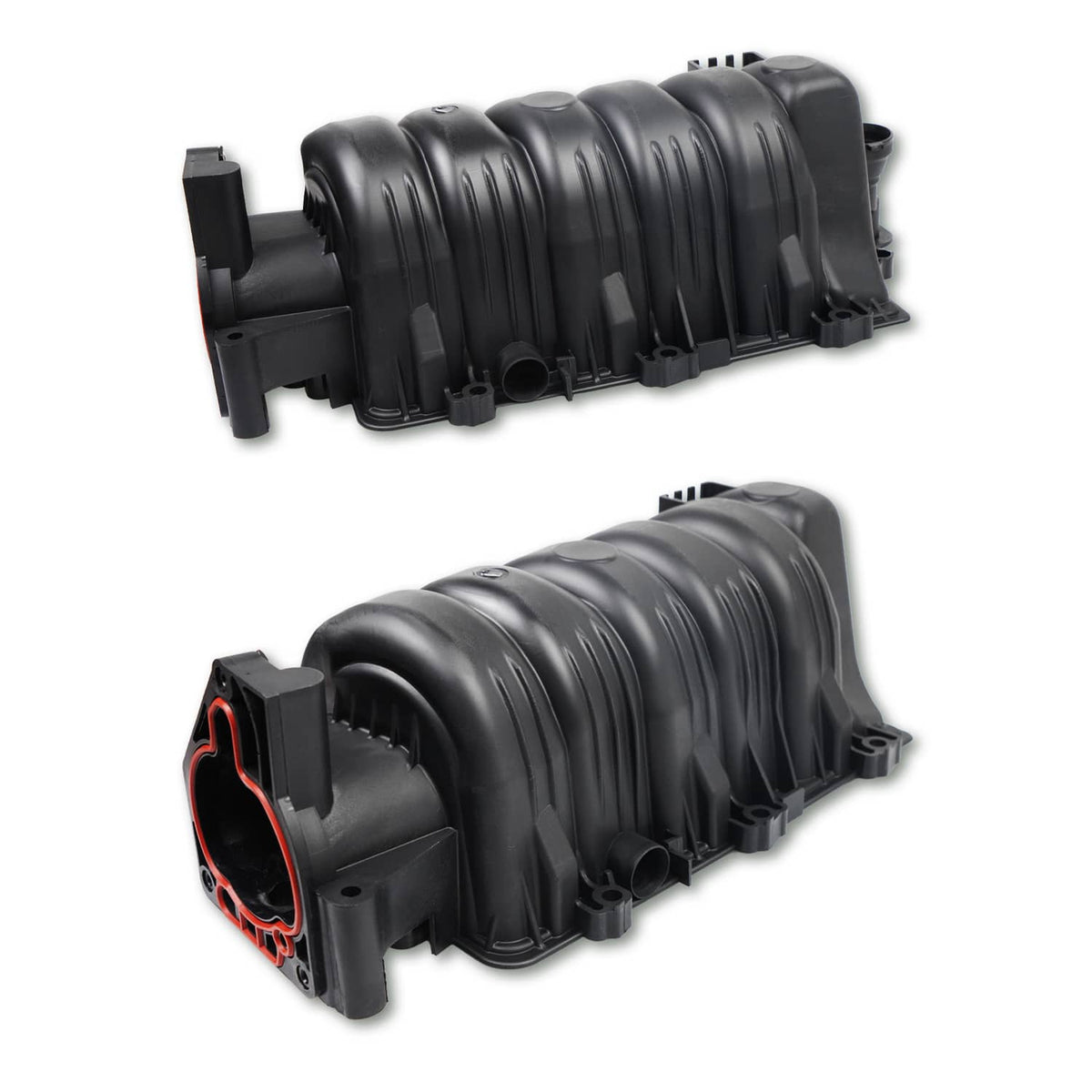 Black upper intake manifold assembly with intake runner tubes and mounting tabs