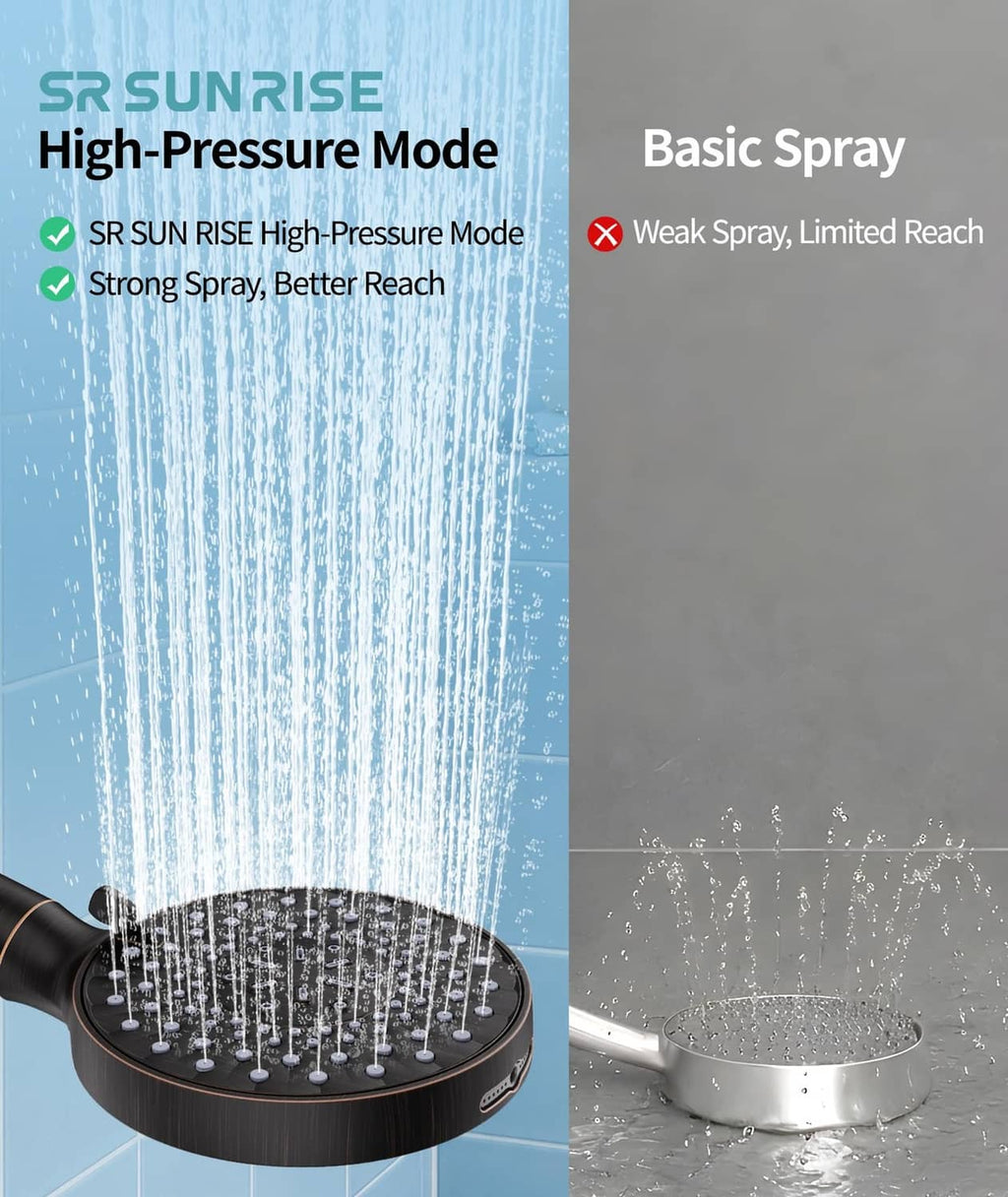 Bronze shower head face with high-pressure spray pattern illustration
